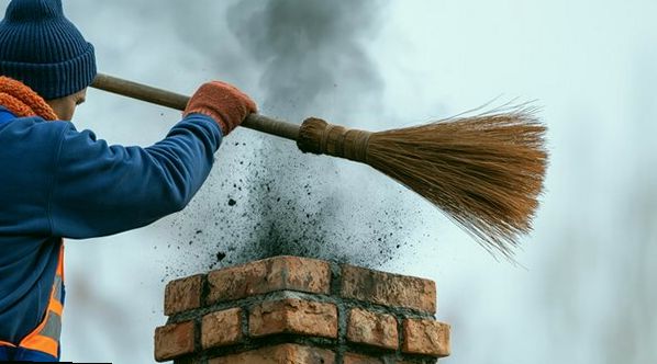 Sweep raising a cloud of soot off a chimney top with a broom
