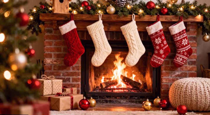 Stockings hung along a brick fireplace mantel dressed for the holidays