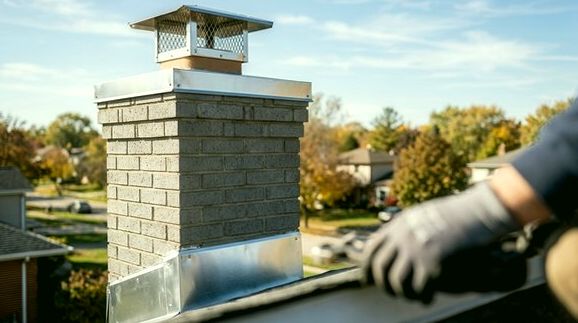 New mesh cap and bright flashing fitted to a gray brick chimney