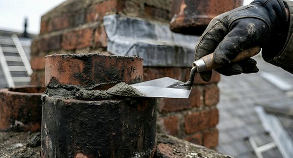 Gloved hand carrying a trowel of fresh mortar to a clay chimney pot