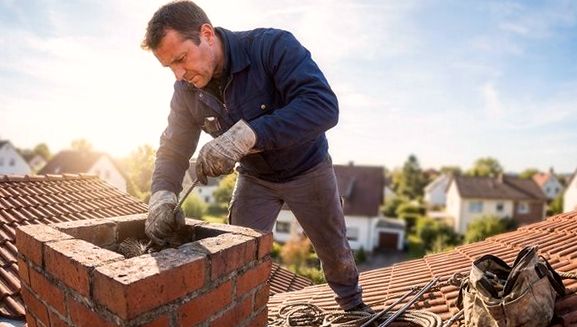 Mason working a rod brush into a brick flue on a sunny Greensboro rooftop