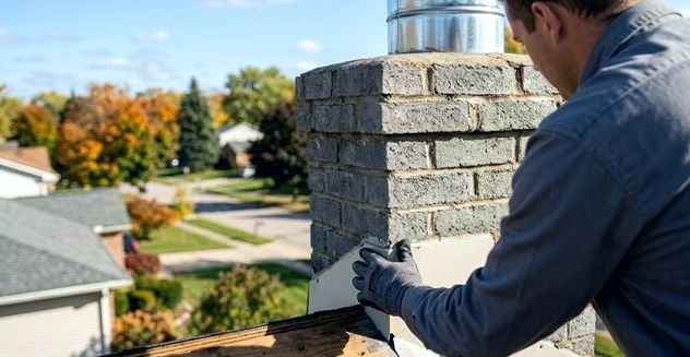 Mason studying a gray brick stack and its round metal flue up close
