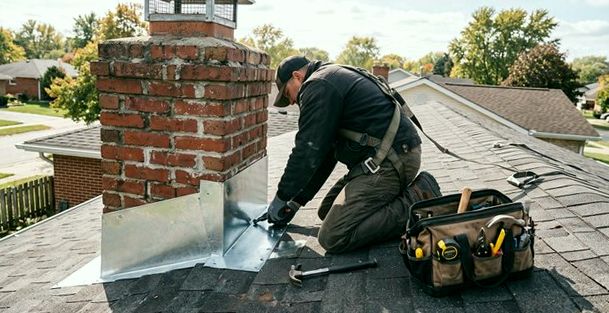 Harnessed mason setting new step flashing at a red brick chimney