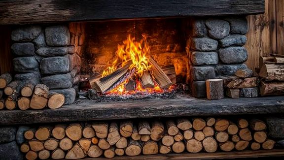 Stone hearth with a full fire burning and split wood stacked beside it
