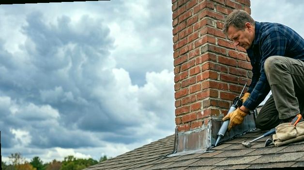 Mason sealing the flashing seam at a red brick chimney under storm clouds