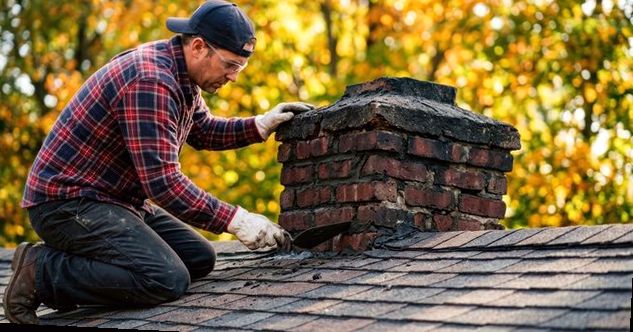 Mason kneeling with a trowel at a badly weathered, soot-blackened stack